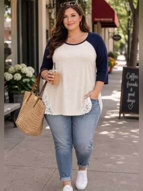 Plus Size 3X Cream Navy Lace Hem Baseball Tee Boho Casual Top